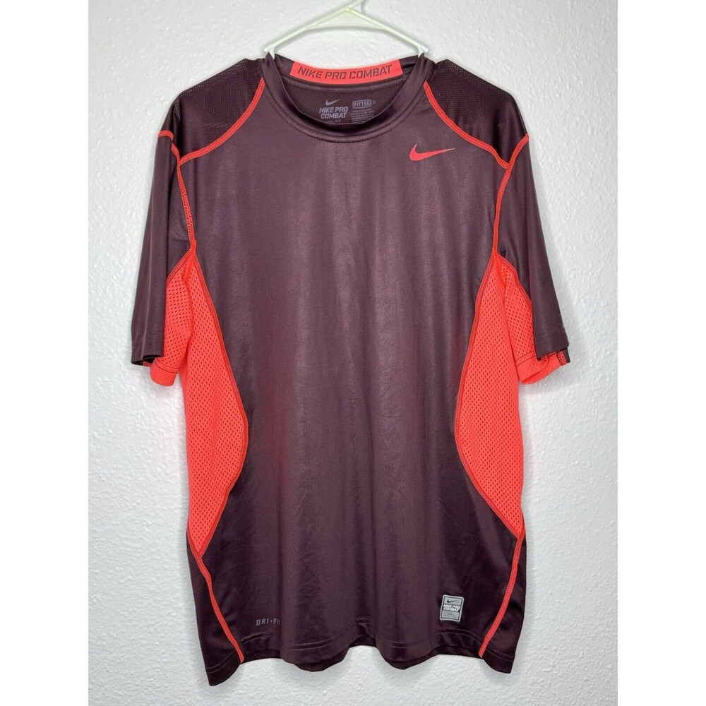 Nike Pro Combat Fitted Men's L Maroon with Pink Mesh Dri-Fit T-Shirt 449841-634